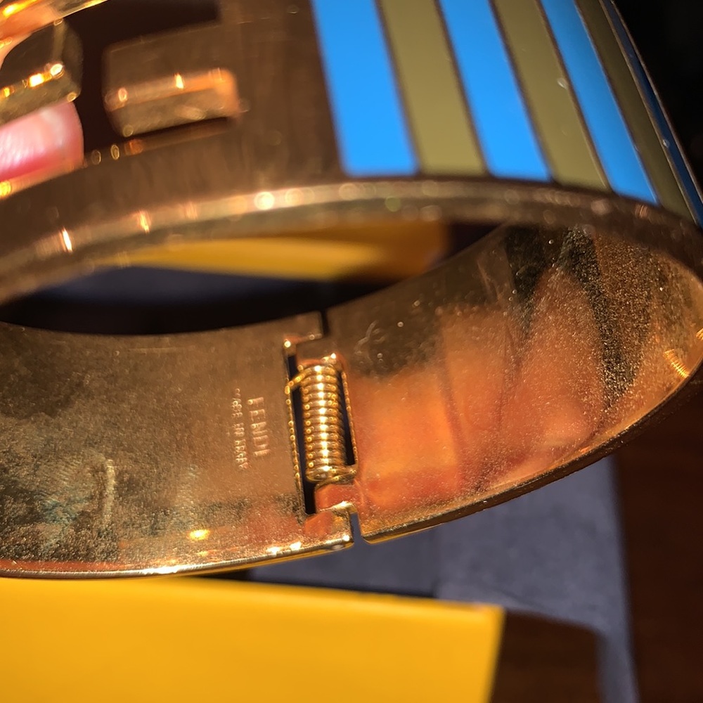 Fendi Gold and Blue Striped Hinged Cuff Bracelet - Picture 5 of 8